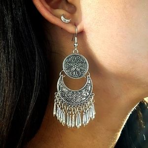 Silver Floral Metal Earrings Bohemian Style Boho Tribal Ethnic Silver Dangle